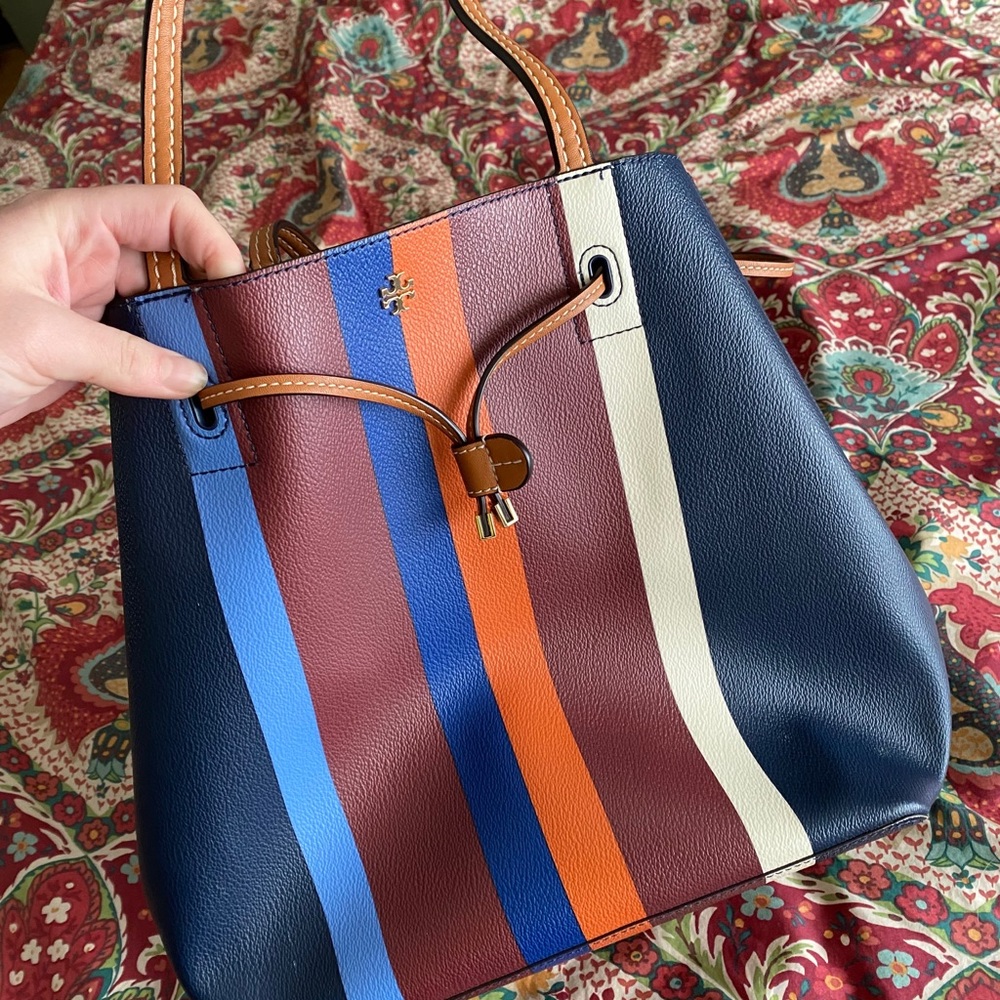 Tory Burch Navy Multi-Stripe Leather Drawstring Tote - Picture 3 of 15